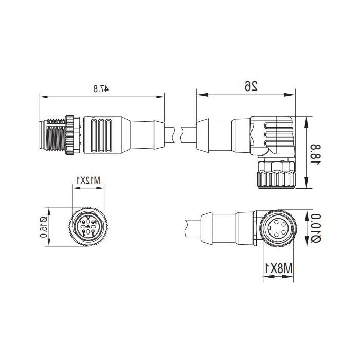 M8 to M12 4Pin, M8 female 90° to M12 male straight, double-ended pre-cast PVC non-flexible cable, gray sheathing, 63D283-XXX